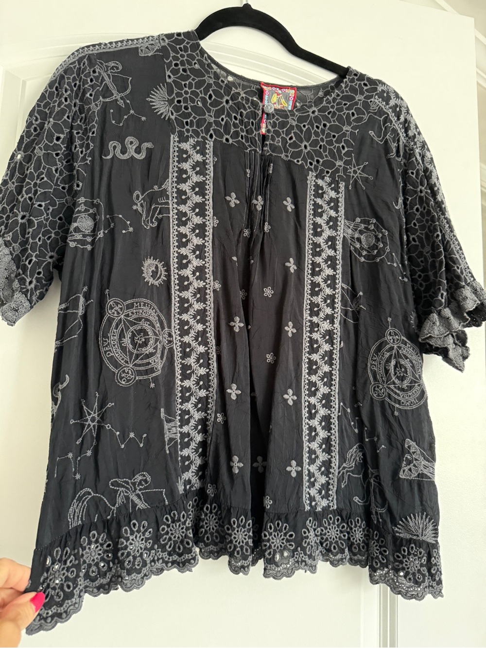 Johnny Was Mystic Compass Embroidered Black Boho Top -